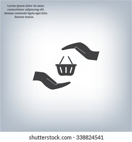 hands and shopping cart, sign purchase protection web icon. vect