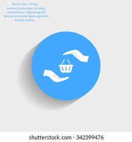 hands and shopping cart, sign purchase protection web icon. vect
