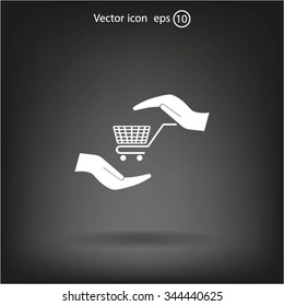 hands and shopping cart, sign purchase protection web icon. vect