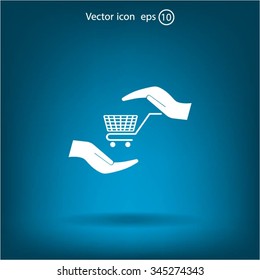 hands and shopping cart, sign purchase protection web icon. vect