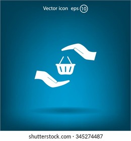 hands and shopping cart, sign purchase protection web icon. vect