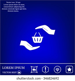 hands and shopping cart, sign purchase protection web icon. vect