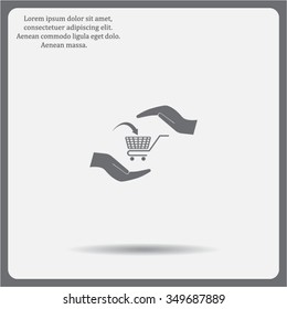 hands and shopping cart, sign purchase protection web icon. vect