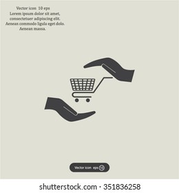 hands and shopping cart, sign purchase protection web icon. vect