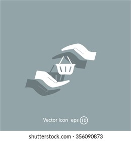 hands and shopping cart, sign purchase protection web icon. vect