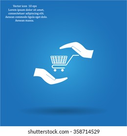 hands and shopping cart, sign purchase protection web icon. vect