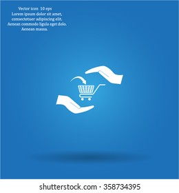 hands and shopping cart, sign purchase protection web icon. vect