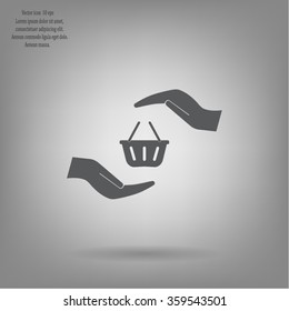 hands and shopping cart, sign purchase protection web icon. vect
