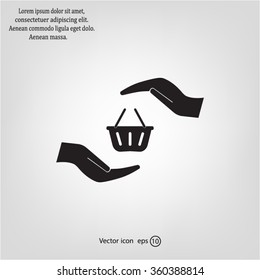 hands and shopping cart, sign purchase protection web icon.
