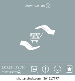 hands and shopping cart, sign purchase protection web icon. vect
