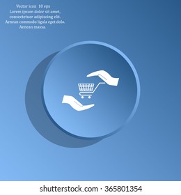 hands and shopping cart, sign purchase protection web icon. vector
