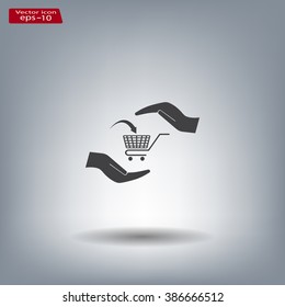 hands and shopping cart, sign purchase protection web icon. vect