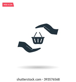 hands and shopping cart, sign purchase protection web icon. vect