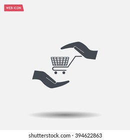 hands and shopping cart, sign purchase protection web icon. vect