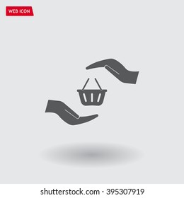 hands and shopping cart, sign purchase protection web icon. vect