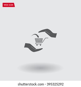 hands and shopping cart, sign purchase protection web icon. vect