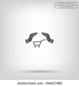 hands and shopping cart, sign purchase protection web icon. 