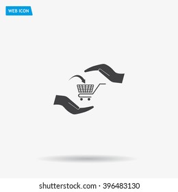 hands and shopping cart, sign purchase protection web icon. vect