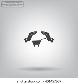 hands and shopping cart, sign purchase protection web icon. 