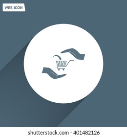 hands and shopping cart, sign purchase protection web icon. vect