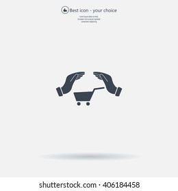 hands and shopping cart, sign purchase protection web icon. 