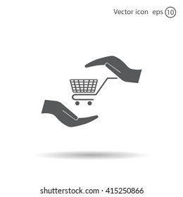 hands and shopping cart, sign purchase protection web icon. vect
