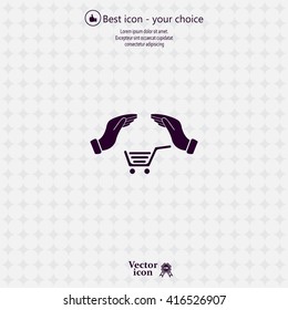 hands and shopping cart, sign purchase protection web icon. 