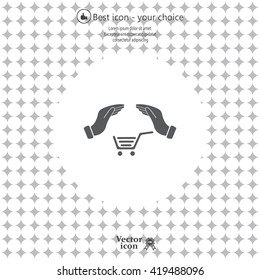 hands and shopping cart, sign purchase protection web icon. 