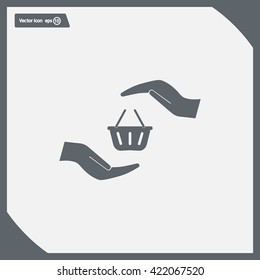 hands and shopping cart, sign purchase protection web icon. vect