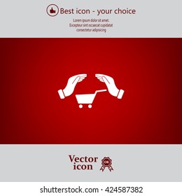 hands and shopping cart, sign purchase protection web icon. 