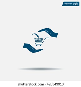 hands and shopping cart, sign purchase protection web icon. vect