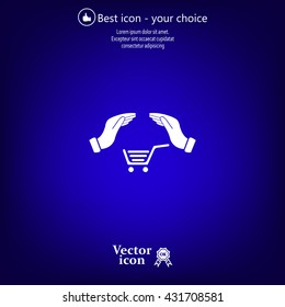 hands and shopping cart, sign purchase protection web icon. 