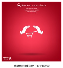 hands and shopping cart, sign purchase protection web icon. 