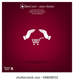 hands and shopping cart, sign purchase protection web icon. 