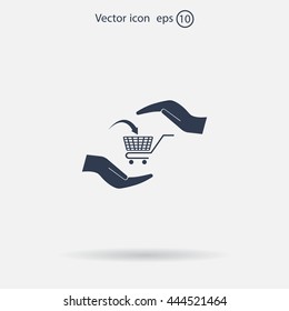 hands and shopping cart, sign purchase protection web icon. 