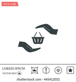 hands and shopping cart, sign purchase protection web icon. vect