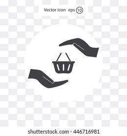 hands and shopping cart, sign purchase protection web icon. vector