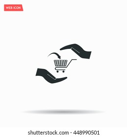 hands and shopping cart, sign purchase protection web icon. vect
