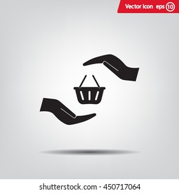 hands and shopping cart, sign purchase protection web icon. vect