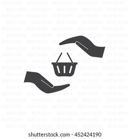 hands and shopping cart, sign purchase protection web icon. vect