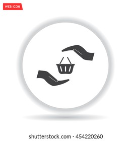 hands and shopping cart, sign purchase protection web icon. vect