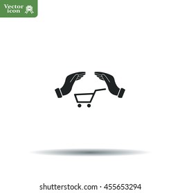 hands and shopping cart, sign purchase protection web icon. 