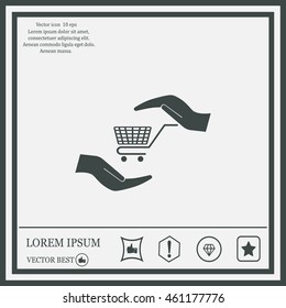 hands and shopping cart, sign purchase protection web icon. vect
