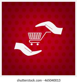 hands and shopping cart, sign purchase protection web icon. vect