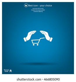 hands and shopping cart, sign purchase protection web icon. 