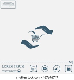 hands and shopping cart, sign purchase protection web icon. vect