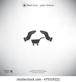 hands and shopping cart, sign purchase protection web icon. 