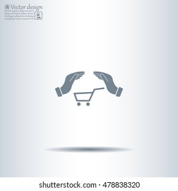 hands and shopping cart, sign purchase protection web icon. 
