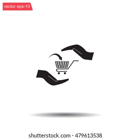 hands and shopping cart, sign purchase protection web icon. vect