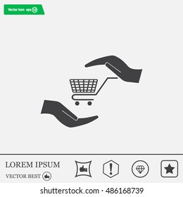 hands and shopping cart, sign purchase protection web icon. vect